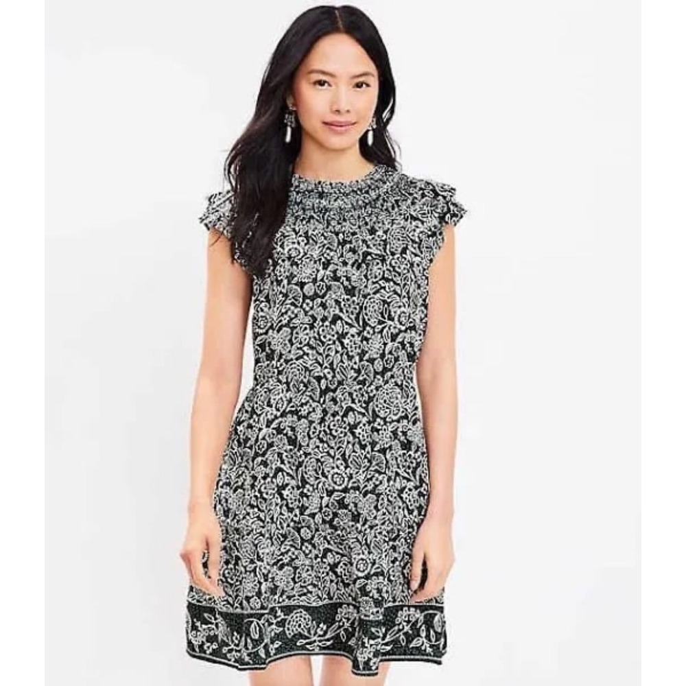 LOFT Womens Green Floral Smocked Mock Neck Ruffle Cap Sleeve Mini Dress Large